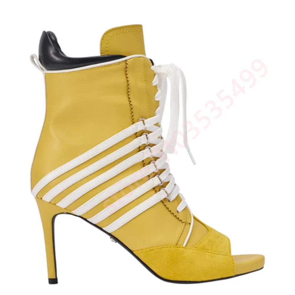 2026 Summer New Style Striped Peep Toe Ankle Boots Women Front Lace Up Thin Stiletto High Heel Fashion Streetwear Booties