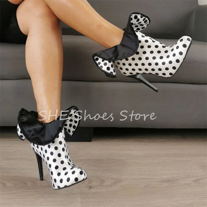 Fashion Polka Dot Ruffles Decor Women Boots Pointed Toe Stiletto High Heels Leather Shoes Ladies Catwalk Party Dress Boots