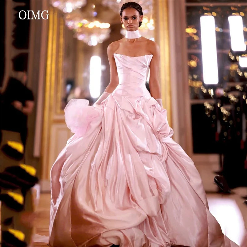 OIMG Luxurious Pink Strapless Ball Prom Gowns Backless Pleated Party Gown Floor Length Evening Dress vestidos de gala Customized