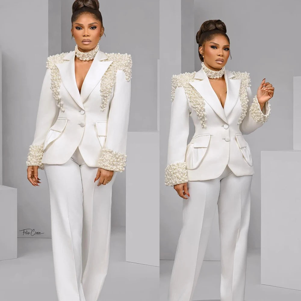 Big Pearls Women Pants Suits Sexy Satin Peaked Lapel Evening Birthday Party Prom Ladies Tuxedos For Wedding Banquet 2 Pieces