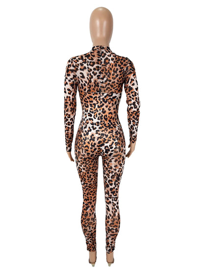 Women Sexy See-through Mesh Leopard Print Long Sleeve Slim-fitting Long Jumpsuit Rompers Summer Casual Streewear