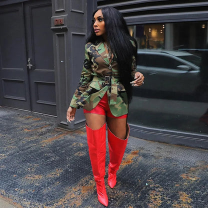 Women Camouflage Coats Belted Jacket Long Sleeves Notch Lapel Collar Single Breasted Slim Streetwear Casual 2025 Spring Autumn