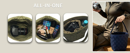 Besnfoto Camera Bag Stylish Woven Leather Shoulder Bucket Bag with Detachable Drawstring Pouch Removable Strap Vintage Crossbody Handbag Case for DSLR Mirrorless Camera Lens Sony Canon Nikon Women