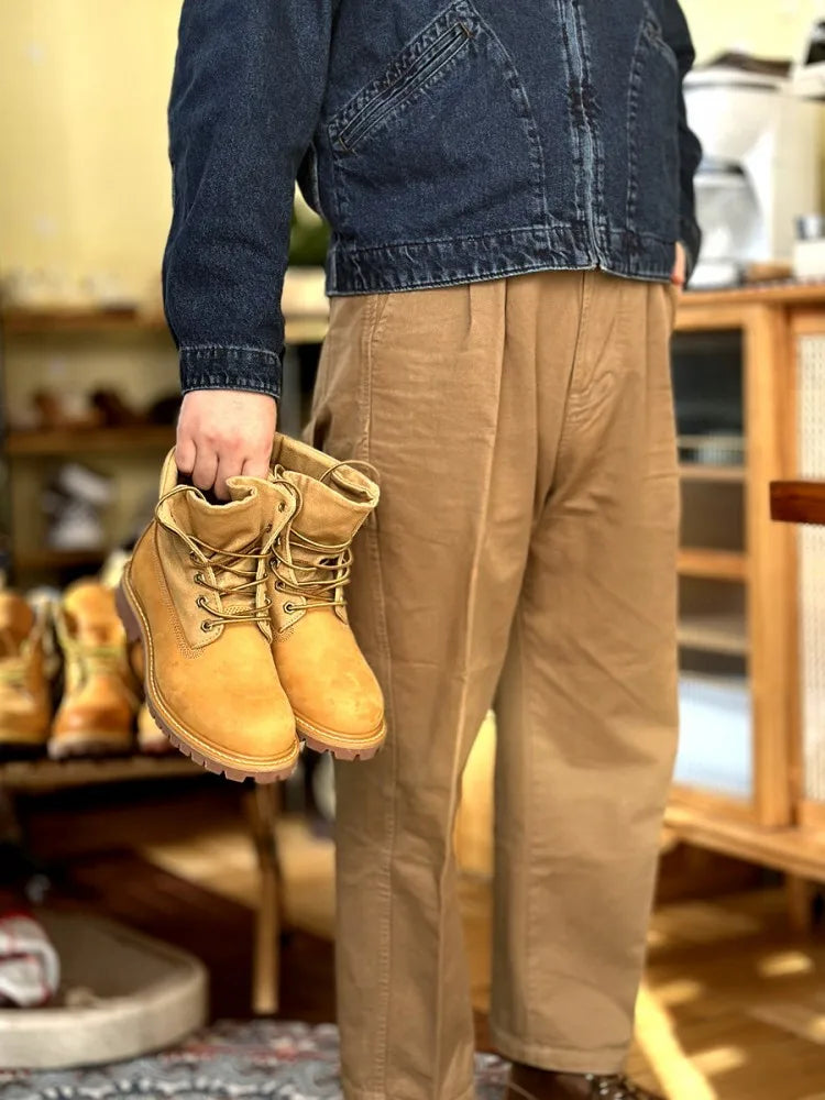 Casual Men Ankle Boots Lace Up Round Toe Cow Suede Leather Patchwork Canvas High Top Shoes Workwear Boots Hard Wearing Footwear