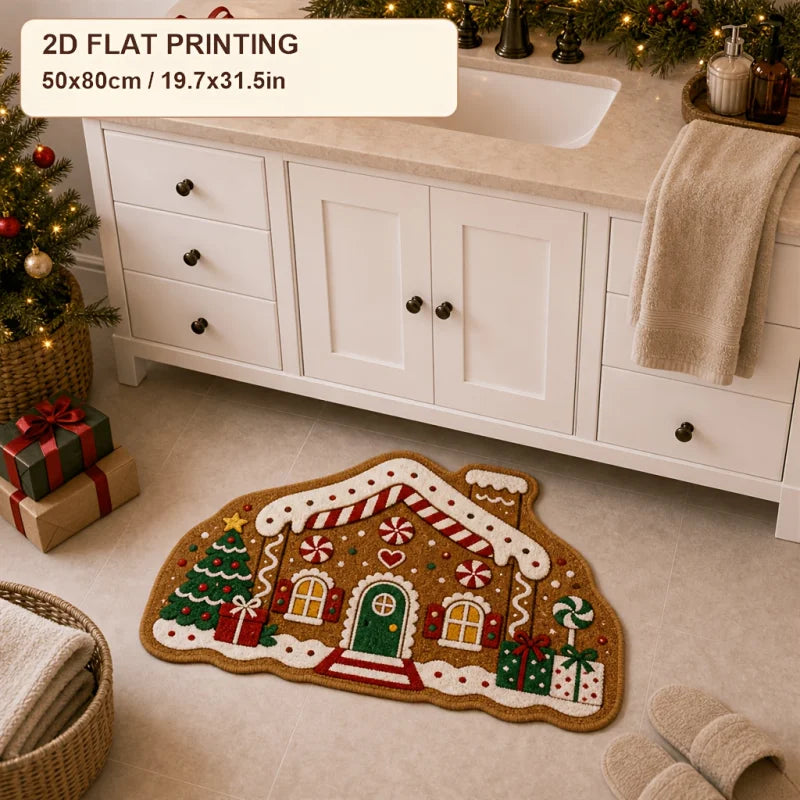 VIKAMA Xmas Holiday Cute Gingerbread House Irregular Rug Comfortable Floor Mat for Entryway Porch Xmas Home Decoration