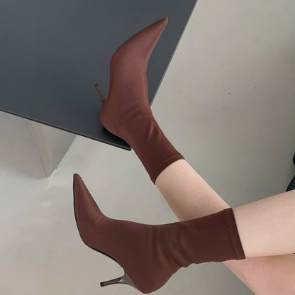 2026 New Spring Autumn Stretch Fabric Women Ankle Boots Sexy Pointed Toe High Heels Fashion Female Socks Pumps Shoes