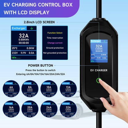 7KW Portable EV Charger Type2/Type1/GBT Electric Car Charger 32A 1Phase Wallbox Fast Charging Cable WiFi APP Bluetooth Control