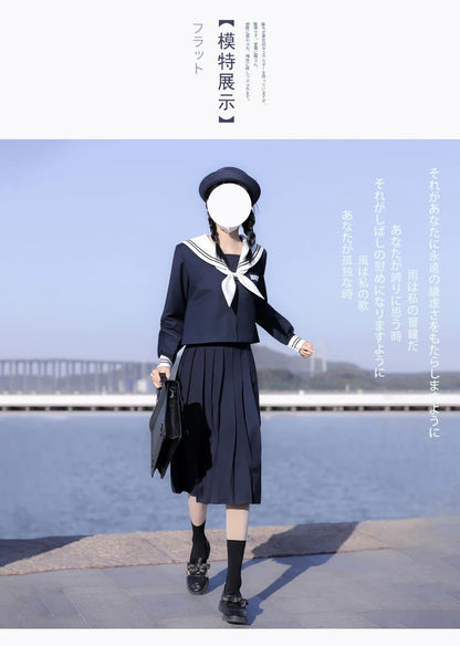 65cm longuette JK Uniform Sets Japanese Women girls uniform dark blue Short/long Sleeve School Uniforms Sailor Pleated Skirt