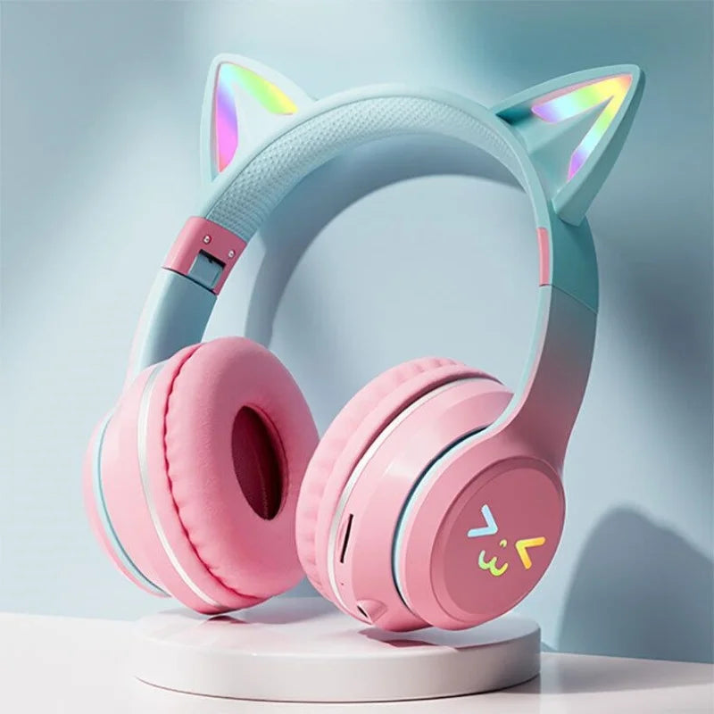 GRB Glow Gaming Headset Gamer Stereo Bass Cat Ear Wireless Earpods Bluetooth Earphones TYPE-C Cable Headphones Blutooth Handfree