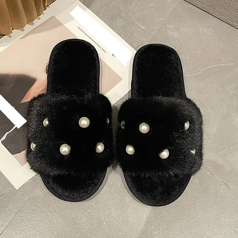 Perle Fluffy Slippers Home Winter Casual Designer Shoes Women 2025 New Luxury Indoor Plush Slides Girls Fashion Elegant Footwear