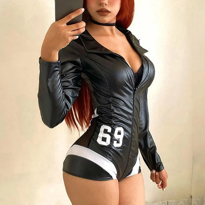 Womens Sexy Biker Racing Uniform Erotic Lingerie Leather Catsuit Sexy Shorts Bodysuits For Women Black Jumpsuits Female Bodysuit