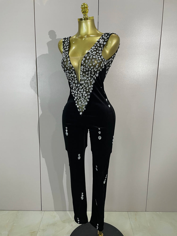 Sexy Sparkly Rhinestones Black Velvet Jumpsuit Women Performance Dance Costume Celebrate Club Luxury Birthday Party Stage Outfit
