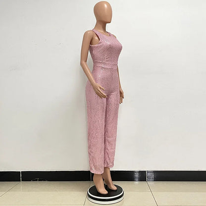 Bling Bling Sequined Club Jumpsuit Sexy Women O-neck Elegant Shiny Sliver Gold Sequins Straight Romper Overalls