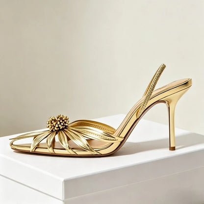 Gold Flower Designer Backless Women's Sandals Summer 2026 Novelty Sexy Pointed Toe Pumps Heels Women Luxury Banquet Party Shoes