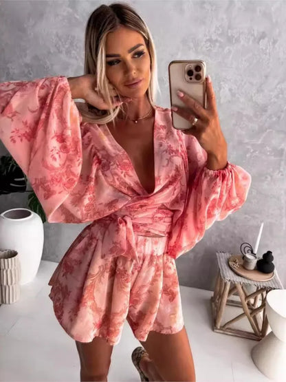 Summer Casual Boho Print Holiday Beach Playsuit Female Sexy Deep V Neck Jumpsuit For Women Fashion Shorts Women's Jumpsuits