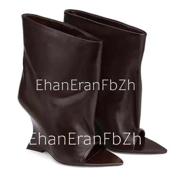 2006SoleLadies'-Spring/Summer-New-Fish-Mouth-Slope-High-Heel-Short-Boots-with-Pointed-Toe-Exposed-Cool-Boots,-Mid-Top-Boots