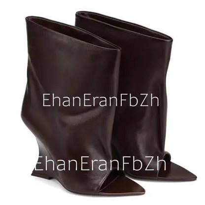 2006SoleLadies'-Spring/Summer-New-Fish-Mouth-Slope-High-Heel-Short-Boots-with-Pointed-Toe-Exposed-Cool-Boots,-Mid-Top-Boots