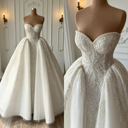 Luxurious Sparkling Sweetheart Feather Beaded Prom Dresses Satin Tulle A-line Wedding Dress Church Train Bride Dress Customized