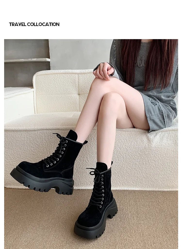 Comemore Platform Lace Up Ankle Boots Retro British Style Chunky Heeled Suede Leather Shoes for Women Solid Short Work Botas