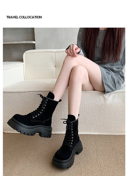 Comemore Platform Lace Up Ankle Boots Retro British Style Chunky Heeled Suede Leather Shoes for Women Solid Short Work Botas
