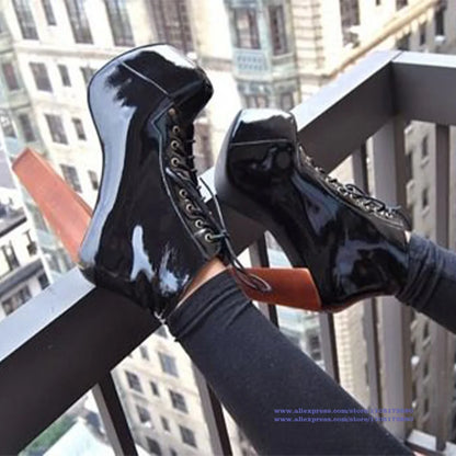 Platform Block Heel Ankle Boots Women Black Patent Leather High Heel Lace Up Booties Elegant Women's Boots Handmade Botas Mujer