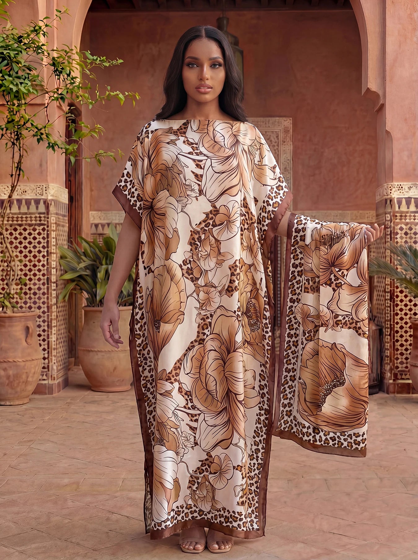 Leopard Border Big Floral Print Satin Abaya With Scarf, Loose Maxi Kaftan For Muslim Women Summer Beach Wear