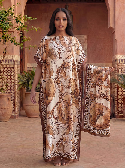 Leopard Border Big Floral Print Satin Abaya With Scarf, Loose Maxi Kaftan For Muslim Women Summer Beach Wear