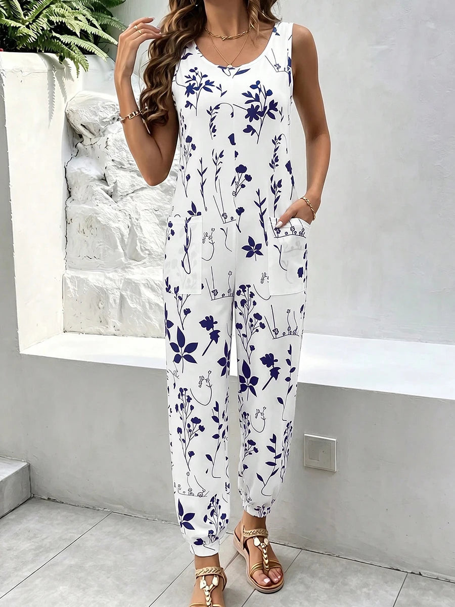 Women's Navy Floral Plant Print Sleeveless Jumpsuit, Round Neck Casual Jogger Romper with Pockets, Summer Outfit