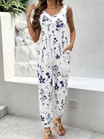 Women's Navy Floral Plant Print Sleeveless Jumpsuit, Round Neck Casual Jogger Romper with Pockets, Summer Outfit