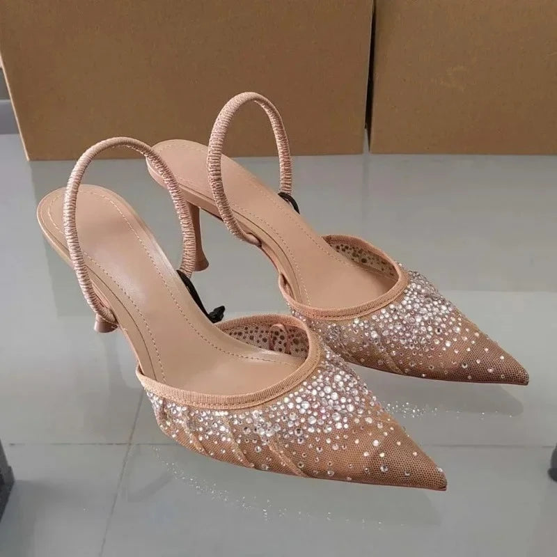 Luxury Broken Drill Diamond Mesh Fabric Women Sandals 2025 Summer Slingback Elegant Pointed Toe High Heels Fashion Lady Shoes