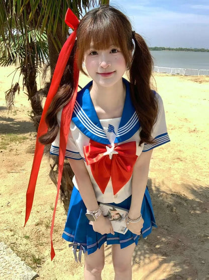 Summer and Autumn Sailor Suit Japanese Style Schoolgirl Blue Short-Sleeved Set Cos Female Students