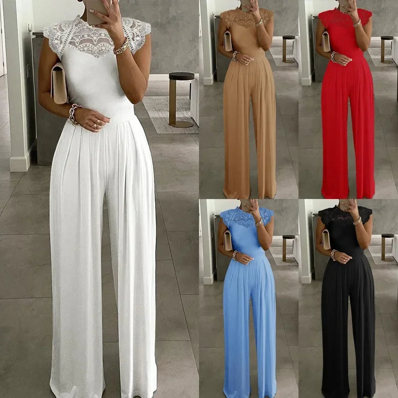 Jumpsuits Women Lace One Piece Wide Leg Pants Folds Round Collar Sleeveless Office Lady Summer 2025 Floor Length Trousers