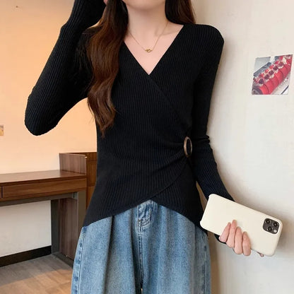 Women Wrap V Neck Ribbed Knit Top Metal Ring Buckle Flare Long Sleeve Slim Sweater