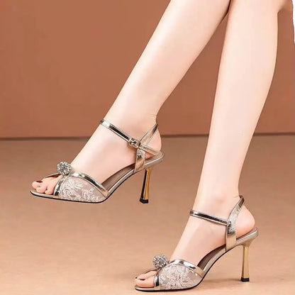 New 2025 Summer Luxury Designers Women Sandals Fashion Gold Rhinestone Thin High Heel Shoes Ladies Elegant Party Dress Sandalias