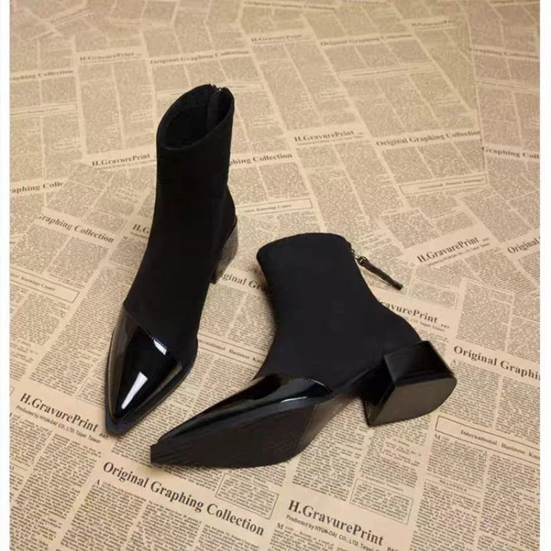 Ankle Boots Women Chunky Mid Heels Suede Shoes Woman Pointed Toe 2026 Trend Winter New Goth Walking Snow Chelsea
