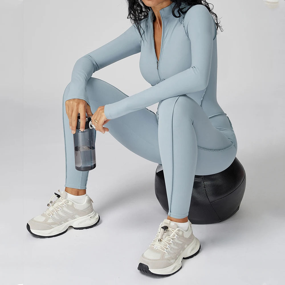 Women Yoga Bodysuit Long Sleeved Tracksuits Gym Zipper Jumpsuits Sports One Piece Workout Bodycon Jumpsuits Tights Suit