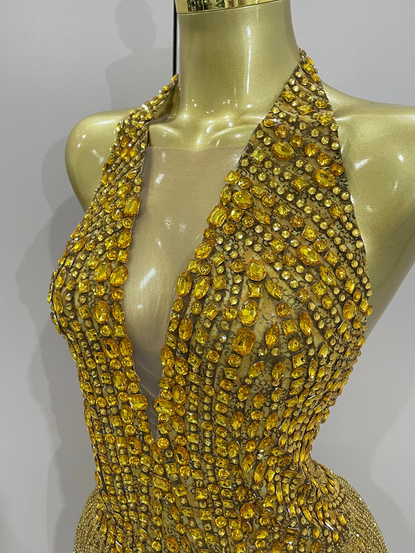 Luxury Golden Rhinestone Sexy Mesh Stretch Bodysuits Women Birthday Dancer Performance Stage Wear Nightclub Team Hotwife Outfit