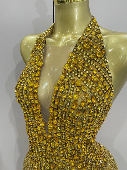 Luxury Golden Rhinestone Sexy Mesh Stretch Bodysuits Women Birthday Dancer Performance Stage Wear Nightclub Team Hotwife Outfit