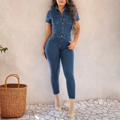 Women Jumpsuit Cotton Blend Casual Summer Jumpsuit Stylish Women's Denim Jumpsuits Skinny Stretch Overalls Button for Casual