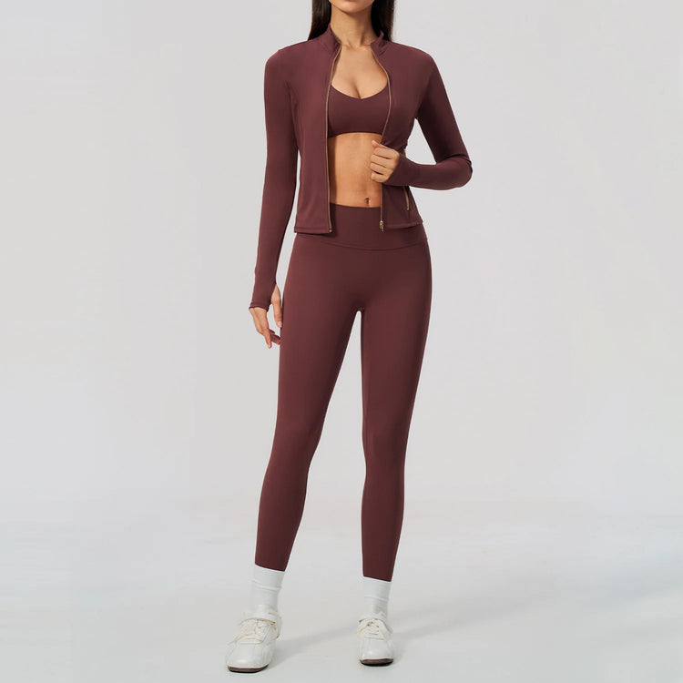 Yoga Set 3PCS Women's Tracksuit Workout Outfit Zipper Fitness Long Sleeved Sports Set Gym Clothes Female Sports Bra Yoga Outfits