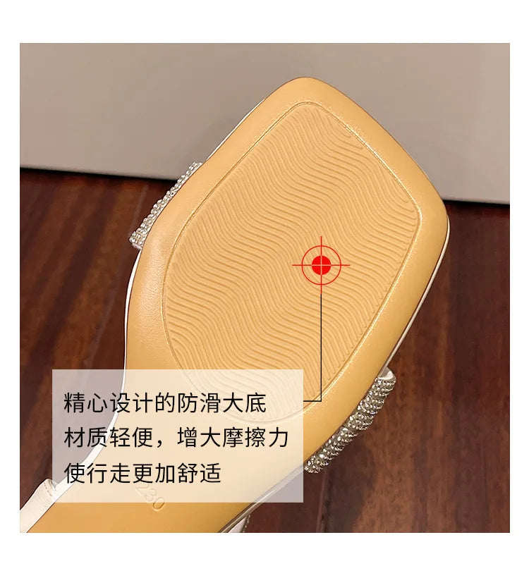 Fashion Rhinestones Ladies Heels Pumps Shoes Luxury Female Slides New in 2025 Footwear Square Toe Women Heeled Sandals Shoes