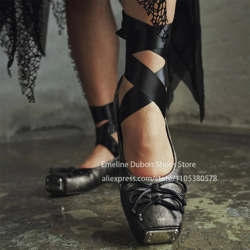 Metallic Square Toe Ankle Wrap Bow Ballet Flats PU Leather Lace up Gothic Street Club Party Plus Size Casual Shoes for Women