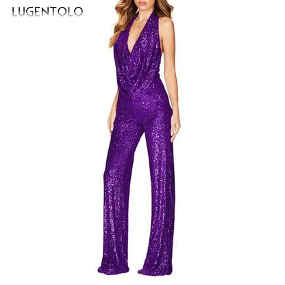 Sequins Sexy Jumpsuits Women Halter Fashion Summer Party Elegant Sleeveless Female New High Waist Street Straight Rompers