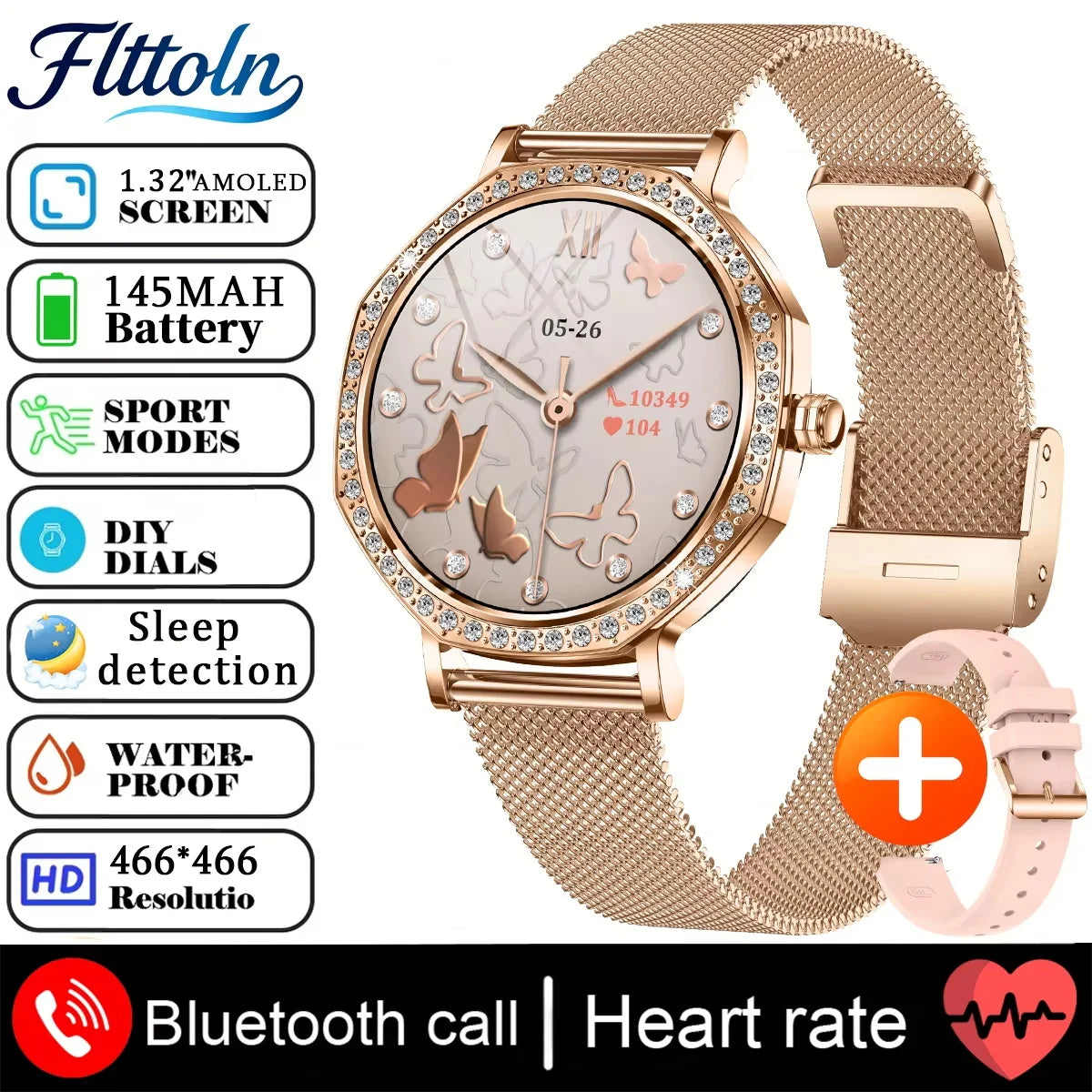 2026 New Ladies' Fashion Smartwatch Diamond Frame HD AMOLED Screen Bluetooth Call Health Monitoring Waterproof Smart Watch Gift