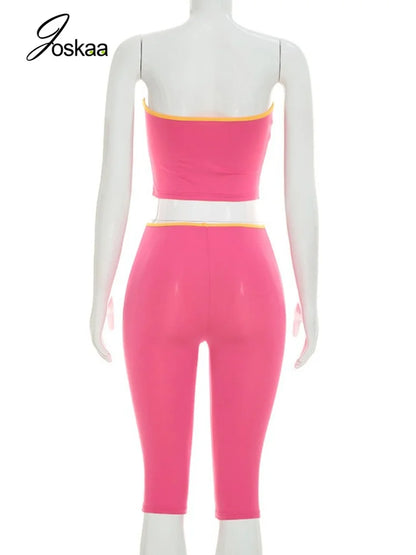 Joskaa Sexy Line Patchwork 2 Piece Set Women Strapless Bow Crop Top and High Waist Capri Pants Matching Tracksuits Streetwear