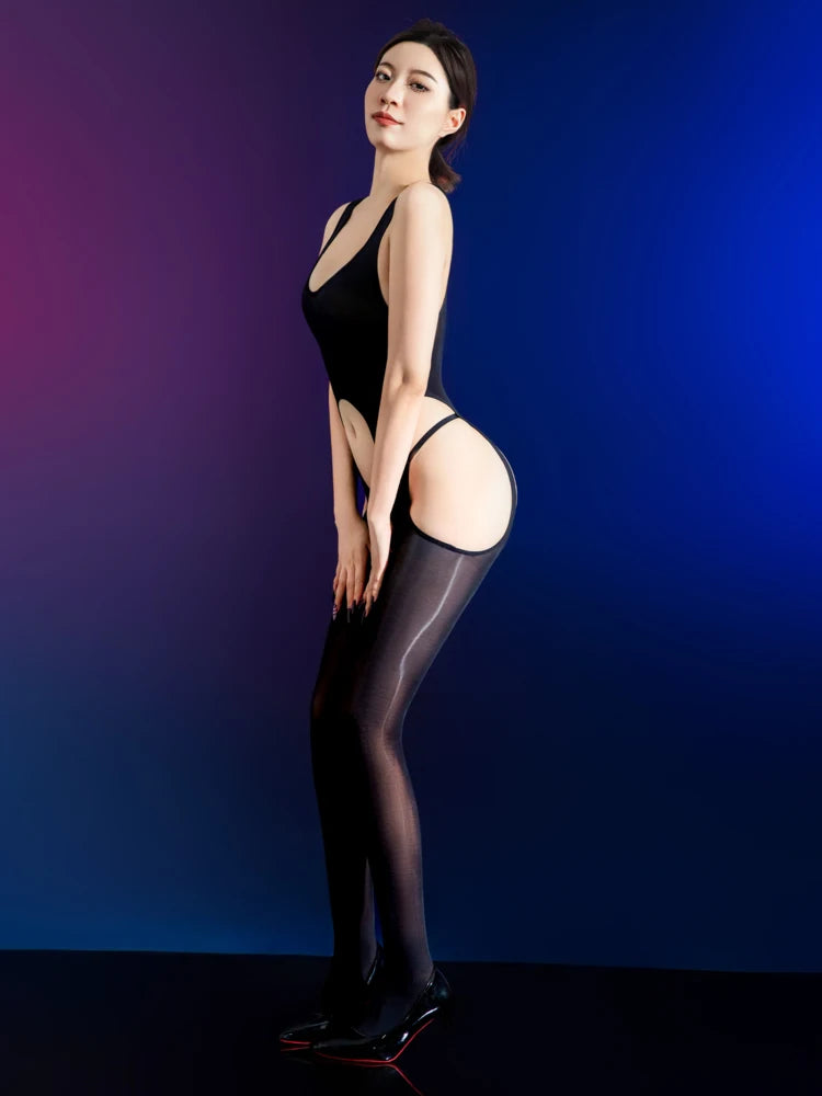 Hollow Out Crotchless Nylon Catsuit Glossy Shiny Bodystocking Open Crotch Bodysuit Tight Sexy Leotard Conjoined Lingerie Unitard