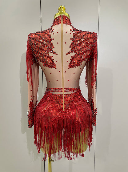 Women Sparkly Rhinestone Sequin Tassel Stretch Bodysuits 2025 New Arrival Birthday Party Nightclub Dj Stage Performance Costume