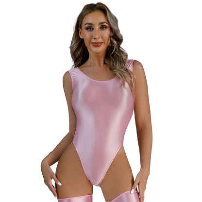 Women's Swimsuit One Piece Swimwear Oil Glossy Stretchy Gym Fitness Long Sleeve Round Neck Tights Leotard Bodysuit Clubwear