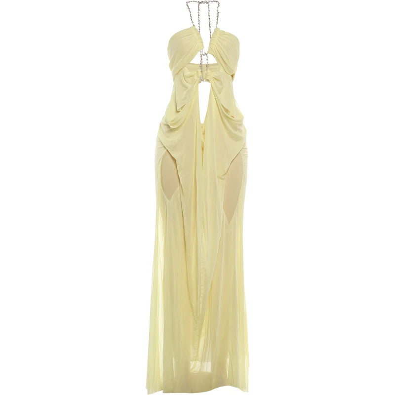 Nibber Prom Party Gown Dress Woman Sexy See Through Luxury Chain Halter Low-Neck Backless Sleeveless Midnight Elegant Vestidos