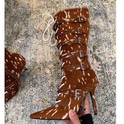 High Qaulity Horsehair Patchwork Thin High Heel Long Boots Women Pointed Toe Lace Up Sexy Fashion Women Boots For 2025 Autumn